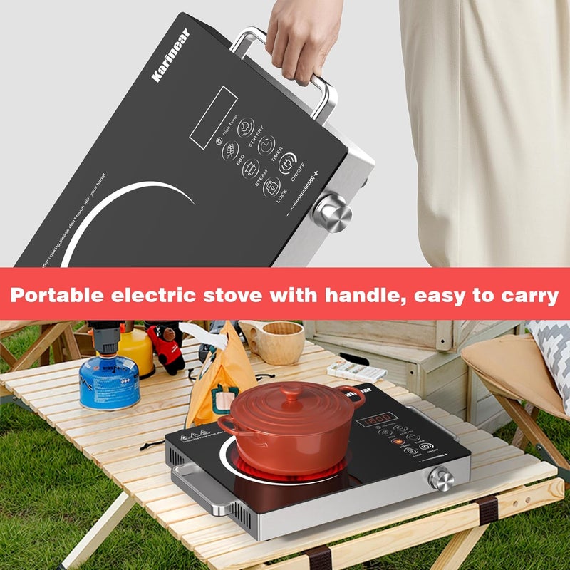 Karinear Portable Electric Stove 110V, 1800W Electric Hot Plate with Handle, Knob Control Single Burner Electri Cooktop, Ceramic Infrared Countertop Burner, Timer, Safety Lock - Image 5